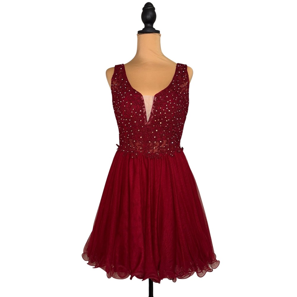 Jodi Kristopher Burgundy Lace Rhinestone Tulle Cocktail Dress 9 3145-QA5B-T3